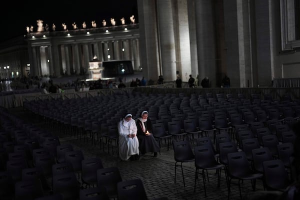 Catholic nuns arrive for a prayer of the Rosary for Pope Francis in St. Peter's Square at The Vatican, Sunday, March 9, 2025. (AP Photo/Francisco Seco)