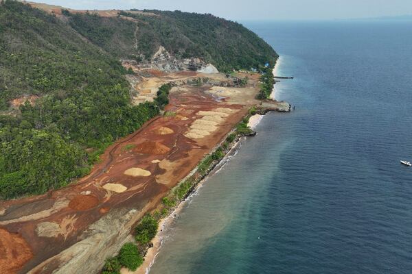 In this photo provided by Auriga Nusantara, deforestation is visible on Manuram Island, Indonesia, in the mining area of PT Anugerah Surya Pratama on Dec. 18, 2024. (Auriga Nusantara via AP)