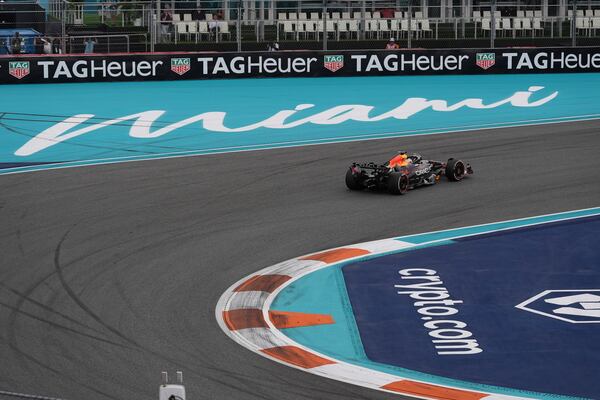 Red Bull driver Max Verstappen of the Netherlands makes a turn during the Formula One Miami Grand Prix auto race Sunday, May 4, 2025, in Miami Gardens. Fla. (AP Photo/Rebecca Blackwell)