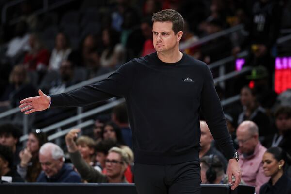 Utah Jazz head coach Will Hardy directs his team during the second half of an NBA basketball game against the Atlanta Hawks, Sunday, April 6, 2025, in Atlanta. (AP Photo/Colin Hubbard)