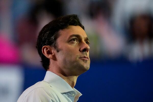 U.S. Sen. Jon Ossoff, D-Ga., speaks during a Rally for our Republic gathering, Saturday, March 22, 2025, in Atlanta. (AP Photo/Mike Stewart)