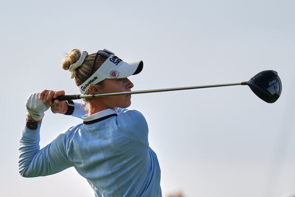 Nelly Korda hits from the 12th tee during the second round of the U.S. Women's Open golf tournament at Erin Hills Friday, May 30, 2025, in Erin, Wis. (AP Photo/Jeff Roberson)