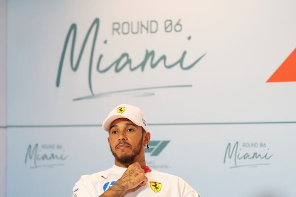 Ferrari driver Lewis Hamilton of Britain participates in a drivers' press conference ahead of the Formula One Miami Grand Prix auto race, Thursday, May 1, 2025, in Miami Gardens, Fla. (AP Photo/Rebecca Blackwell)