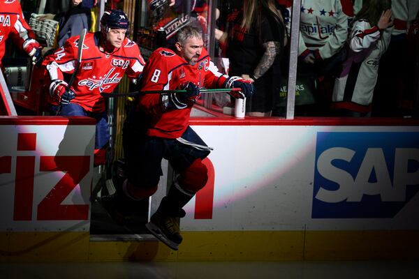 Washington Capitals left wing Alex Ovechkin (8) takes to the ice for warms up before Game 5 of a first-round NHL hockey playoff series against the Montreal Canadiens Wednesday, April 30, 2025, in Washington. (AP Photo/Nick Wass)