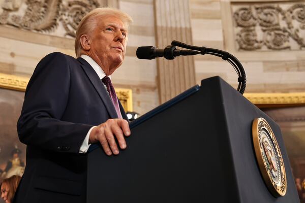 President Donald Trump speaks during the 60th Presidential Inauguration in the Rotunda of the U.S. Capitol in Washington, Monday, Jan. 20, 2025. (Chip Somodevilla/Pool Photo via AP)