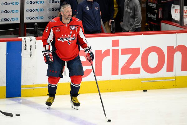 Washington Capitals left wing Alex Ovechkin (8) warms up before Game 5 of a first-round NHL hockey playoff series against the Montreal Canadiens Wednesday, April 30, 2025, in Washington. (AP Photo/Nick Wass)