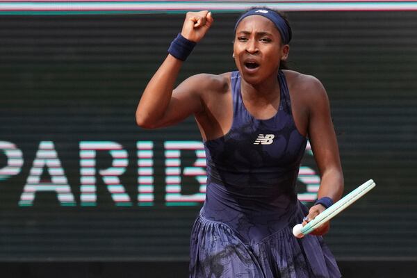 Coco Gauff of the U.S. celebrates winning against Tereza Valentova of the Czech Republic following their second round match of the French Tennis Open, at the Roland-Garros stadium, in Paris, Thursday, May 29, 2025. (AP Photo/Christophe Ena)