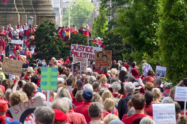 Demonstrators gather during the Red Line protest in The Hague, Netherlands on Sunday, May 18, 2025. (Niels van der Pas via AP)