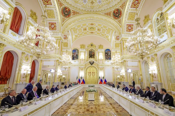 A view of the Russia and Iran talks in an expanded format at the Kremlin in Moscow, Russia, Friday, Jan. 17, 2025. (Vyacheslav Prokofyev, Sputnik, Kremlin Pool Photo via AP)