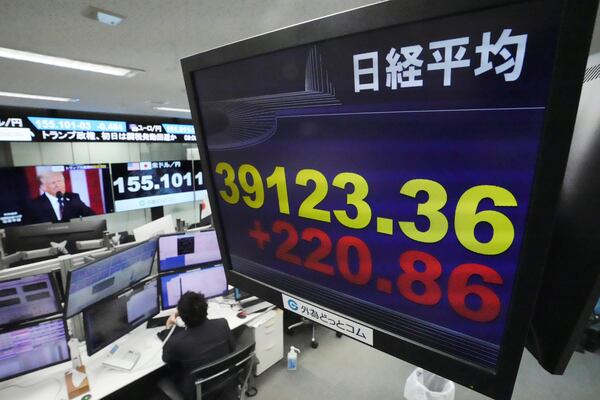 An electronic stock board shows Japan's Nikkei index as a monitor shows Donald Trump delivering a speech at the inauguration ceremony as President of the United States, at a securities firm Tuesday, Jan. 21, 2025, in Tokyo. (AP Photo/Eugene Hoshiko)