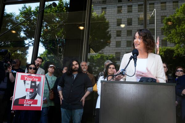 Anamaria Baralt, cousin of Erik and Lyle Menendez, speaks during a press conference regarding developments in the Menendez brothers case Thursday, March 20, 2025, in Los Angeles. (AP Photo/Damian Dovarganes)