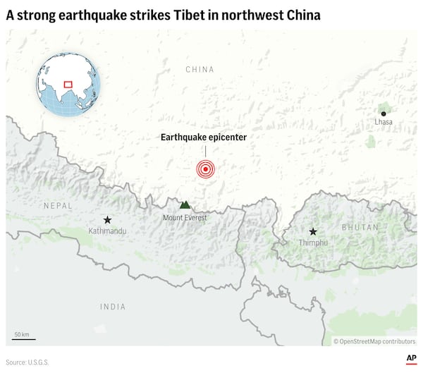 A strong earthquake hit Tibet on Tuesday in the high-altitude region of western China and across the border in Nepal. (AP Digital Embed)