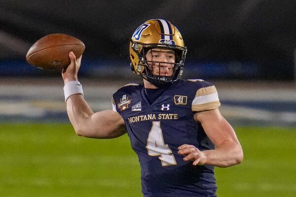 Montana State quarterback Tommy Mellott throws a pass against North Dakota State during the first half of the FCS Championship NCAA college football game, Monday, Jan. 6, 2025, in Frisco, Texas. (AP Photo/Julio Cortez)