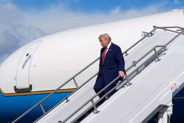 President Donald Trump arrives on Air Force One at Morristown Municipal Airport in Morristown, N.J., Friday, May 23, 2025. (AP Photo/Manuel Balce Ceneta)