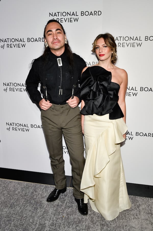 Julian Brave NoiseCat, left, and Emily Kassie attend the National Board of Review Awards gala at Cipriani 42nd Street on Tuesday, Jan. 7, 2025, in New York. (Photo by Evan Agostini/Invision/AP)