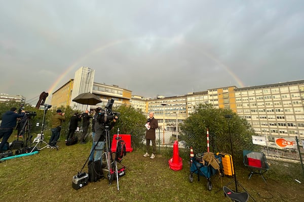 A rainbow shines over the Agostino Gemelli Polyclinic in Rome, Tuesday, Feb. 18, 2025, where Pope Francis was hospitalized Friday, Feb. 14, after a weeklong bout of bronchitis worsened and is receiving drug therapy for a respiratory tract infection. (AP Photo/Gregorio Borgia)