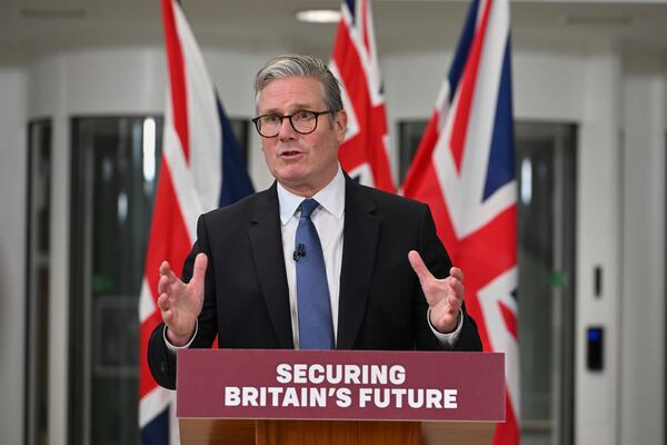 Britain's Prime Minister Keir Starmer speaks during a press conference at a military headquarters in north-west London, Thursday, May 22, 2025, following a deal on the Chagos Islands. (AP Photo/Thomas Krych, pool)