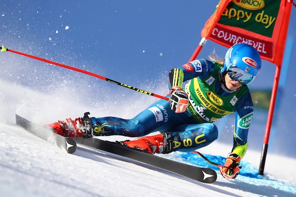 FILE - United States' Mikaela Shiffrin speeds down the course during an alpine ski women's World Cup giant slalom in Courchevel, France, Monday, Dec. 14, 2020. (AP Photo/Marco Trovati, File)