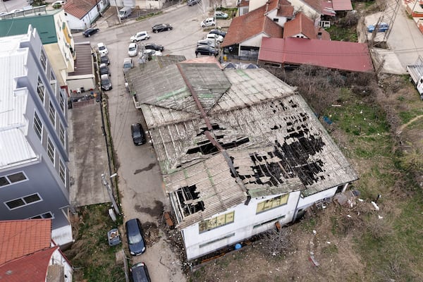 An aerial photograph shows the site of a nightclub in the town of Kocani, North Macedonia, Sunday, March 16, 2025, following a massive fire in the nightclub early Sunday. (AP Photo/Armin Durgut)