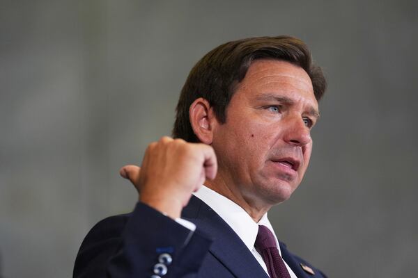 Gov. Ron DeSantis speaks during a press conference about a recent immigration enforcement operation, at the South Florida office of U.S. Immigration and Customs Enforcement and Enforcement and Removal Operations, Thursday, May 1, 2025, in Miramar, Fla. (AP Photo/Rebecca Blackwell)