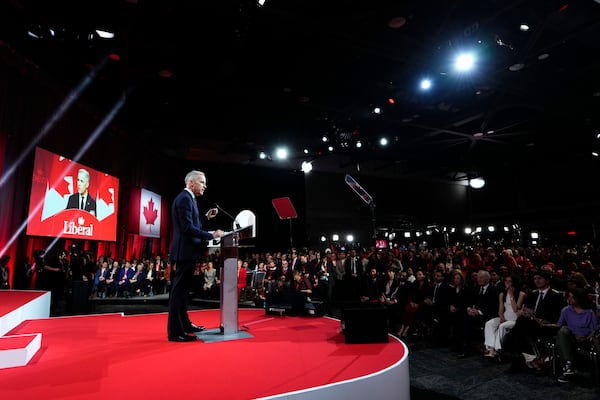 Mark Carney, Leader of the Liberal Party of Canada, speaks after being announced the winner at the Liberal Leadership Event in Ottawa, Ontario, Sunday, March 9, 2025. (Justin Tang/The Canadian Press via AP)