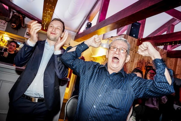 Chairman of Demokraatit, Jens-Frederik Nielsen, during the election party at Demokraatit at cafe Killut in Nuuk, early Wednesday, March 12, 2025.(Mads Claus Rasmussen/Ritzau Scanpix via AP)