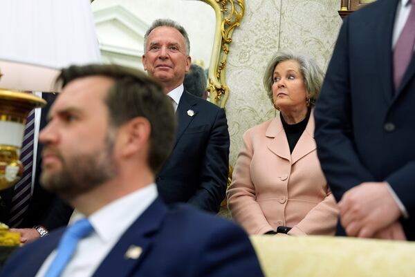 FILE - Vice President JD Vance, U.S. Middle East envoy Steve Witkoff and White House chief of staff Susie Wiles attend a meeting with President Donald Trump and Israel's Prime Minister Benjamin Netanyahu, in the Oval Office of the White House, in Washington, Feb. 4, 2025. (AP Photo/Evan Vucci, File)