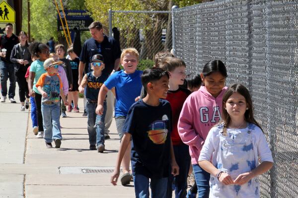 Students practice a fire drill at Joseph City Elementary School in Joseph City, Ariz., Wednesday, April 23, 2025. (AP Photo/Susan Montoya Bryan)