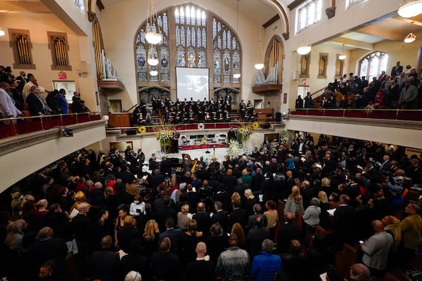 Al Sharpton arrives at a ceremony in celebration of Roberta Flack's life at The Abyssinian Baptist Church on Monday, March 10, 2025, in New York. (AP Photo/Richard Drew)