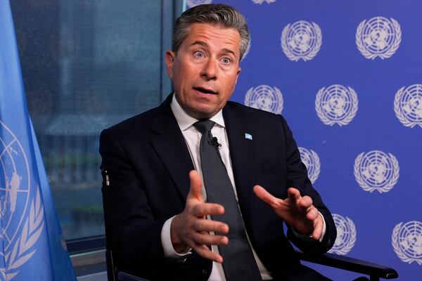U.N. humanitarian chief Tom Fletcher responds to questions during an interview with The Associated Press at United Nations headquarters, Wednesday, May 14, 2025. (AP Photo/Richard Drew)