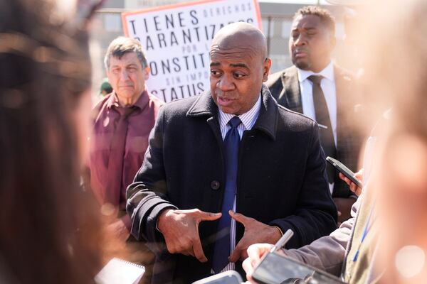 FILE - Newark mayor and gubernatorial candidate Ras Baraka speaks to reporters after a protest in front of of Delaney Hall, the proposed site of an immigrant detention center, in Newark, N.J., March 11, 2025. (AP Photo/Seth Wenig, File)