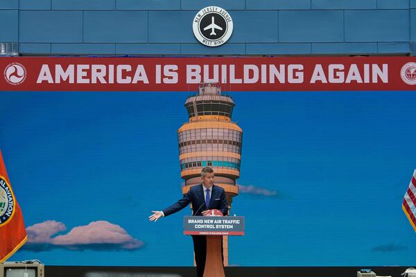 Transportation Secretary Sean Duffy announces a new air traffic control infrastructure plan, Thursday, May 8, 2025, in Washington. (AP Photo/Julia Demaree Nikhinson)
