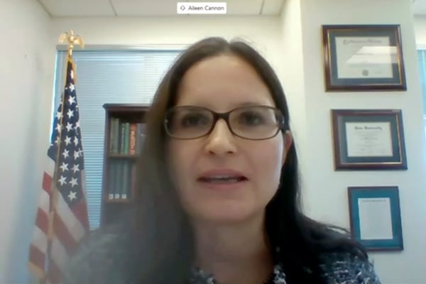 FILE - In this image from video provided by the U.S. Senate, Aileen M. Cannon speaks remotely during a Senate Judiciary Committee oversight nomination hearing to be U.S. District Court judge for the Southern District of Florida on July 29, 2020, in Washington. U.S. District Judge Aileen Cannon said Monday the Justice Department can publicly release its investigative report on President-elect Donald Trump's 2020 election interference case, but a temporary injunction barring the immediate release of the report remains in effect until Tuesday. Defense lawyers may seek to challenge it all the way up to the Supreme Court. (U.S. Senate via AP)