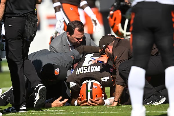 FILE - Cleveland Browns quarterback Deshaun Watson (4) reacts after being injured in the first half of an NFL football game against the Cincinnati Bengals, Sunday, Oct. 20, 2024, in Cleveland. (AP Photo/David Richard, File)