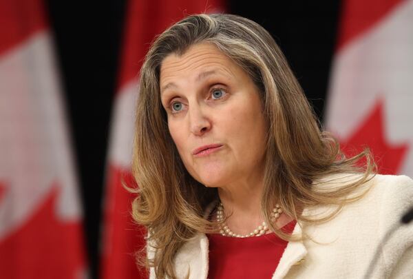 FILE - Minister of Finance and Deputy Prime Minister Chrystia Freeland speaks at a press conference in Ottawa, Ontario, Nov. 19, 2024. (Patrick Doyle/The Canadian Press via AP, File)