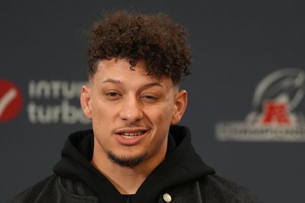 Kansas City Chiefs quarterback Patrick Mahomes speaks during a news conference following AFC Championship NFL football game against the Buffalo Bills, Sunday, Jan. 26, 2025, in Kansas City, Mo. (AP Photo/Charlie Riedel)