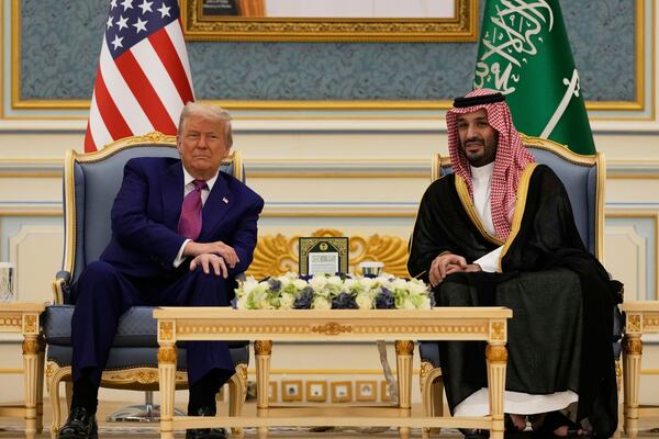 President Donald Trump and Saudi Crown Prince Mohammed bin Salman speak during a meeting at the Royal Palace in Riyadh, Saudi Arabia, Tuesday, May 13, 2025. (AP Photo/Alex Brandon)