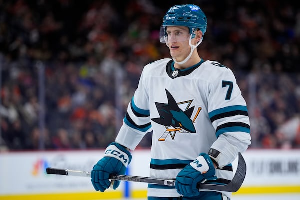 FILE - San Jose Sharks' Nico Sturm plays during an NHL hockey game, Tuesday, March 12, 2024, in Philadelphia. (AP Photo/Matt Slocum, File)