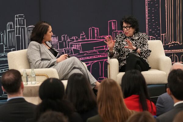 U.S. Supreme Court Associate Justice Sonia Sotomayor participates in a fireside chat with Knight Foundation President and CEO Maribel Pérez Wadsworth in Miami Tuesday, Feb. 11, 2025. (AP Photo/Lynne Sladky)