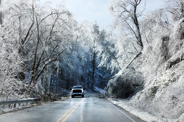 A motorist navigates drooping branches on Merriman Road in Franklin County after a winter storm affected the area Thursday, Feb. 13, 2025, in Franklin County, Va. (Heather Rousseau/The Roanoke Times via AP)