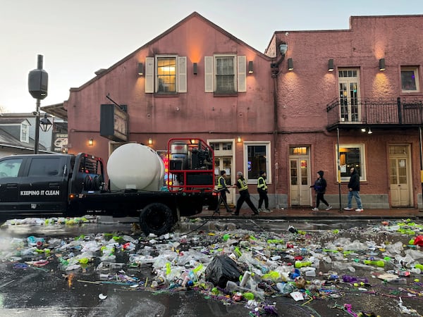 Waste from Mardi Gras awaiting collection in the French Quarter of New Orleans, on Ash Wednesday, March 5, 2025. (AP Photo/Jack Brook)