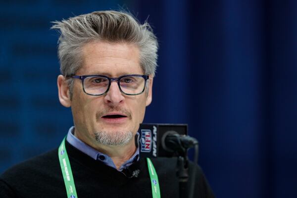 FILE - Atlanta Falcons general manager Thomas Dimitroff speaks during a press conference at the NFL football scouting combine in Indianapolis, Feb. 25, 2020. (AP Photo/Michael Conroy, File)