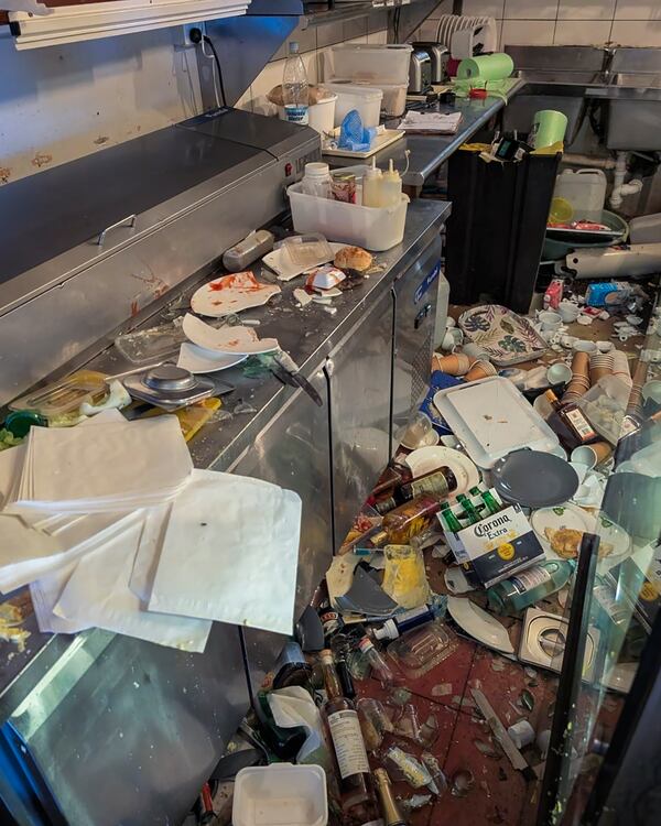 Damage to the inside of the Nambawan Cafe in Port Vila, Tuesday, Dec. 17, 2024, following a strong earthquake that struck just off the coast of Vanuatu in the South Pacific Ocean. (Ivan Oswald via AP)