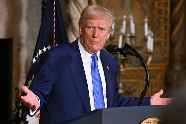 President Donald Trump speaks at Mar-a-Lago in Palm Beach, Fla., Tuesday, Feb. 18, 2025. (Pool via AP)