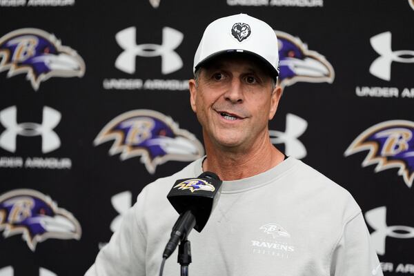 Baltimore Ravens head coach John Harbaugh speaks to media after an NFL team practice, Wednesday, May 28, 2025, at the Under Armour Performance Center in Owings Mills, Md. (AP Photo/Stephanie Scarbrough)