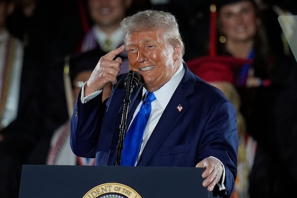 President Donald Trump gives a commencement address at the University of Alabama, Thursday, May 1, 2025, in Tuscaloosa, Ala. (AP Photo/Mike Stewart)