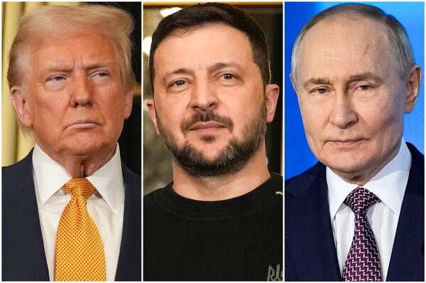 In this combination of file photos, President Donald Trump, left, and Ukraine's President Volodymyr Zelenskyy, center, are seen at the Elysee Palace, Dec. 7, 2024 in Paris, and President Vladimir Putin, right, addresses a Technology Forum in Moscow, Russia, Feb. 21, 2025. (AP Photo/Aurelien Morissard, left and center, Pavel Bednyakov, right)