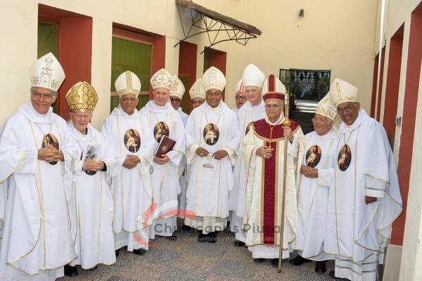 In this photo released by the Diocese of Chulucanas, Bishop Robert Prevost, third from right, poses with members of the clergy in Chulucanas, Peru, Aug. 12, 2024. (Diocese of Chulucanas via AP)