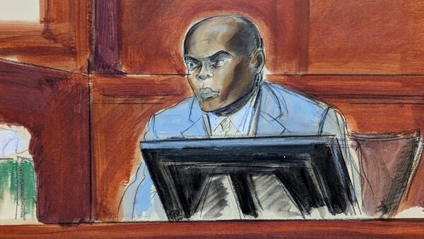 Professional stripper, Daniel Philip, testifies on witness stand on the first day of Sean Diddy Combs' trial in Manhattan federal court, Monday, May 12, 2025, in New York. (Elizabeth Williams via AP)