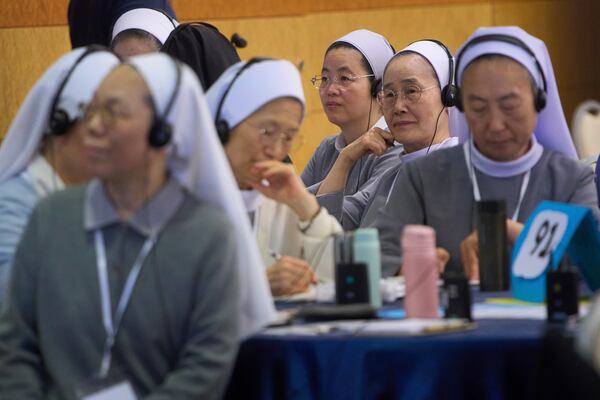 Nuns attend a congress of nearly 900 superiors of the world's female religious orders in Rome, Monday, May 5, 2025. (AP Photo/Alessandra Tarantino)